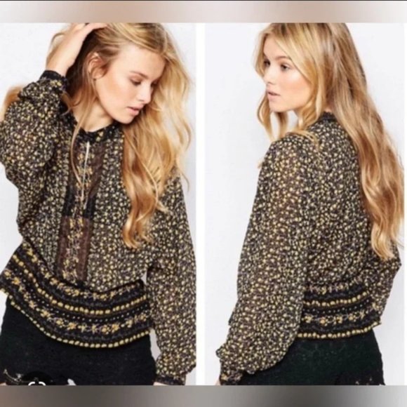 Free People If I Had You Beaded Peplum Blouse Floral Sheer Chiffon Keyhole Neck - Picture 1 of 11